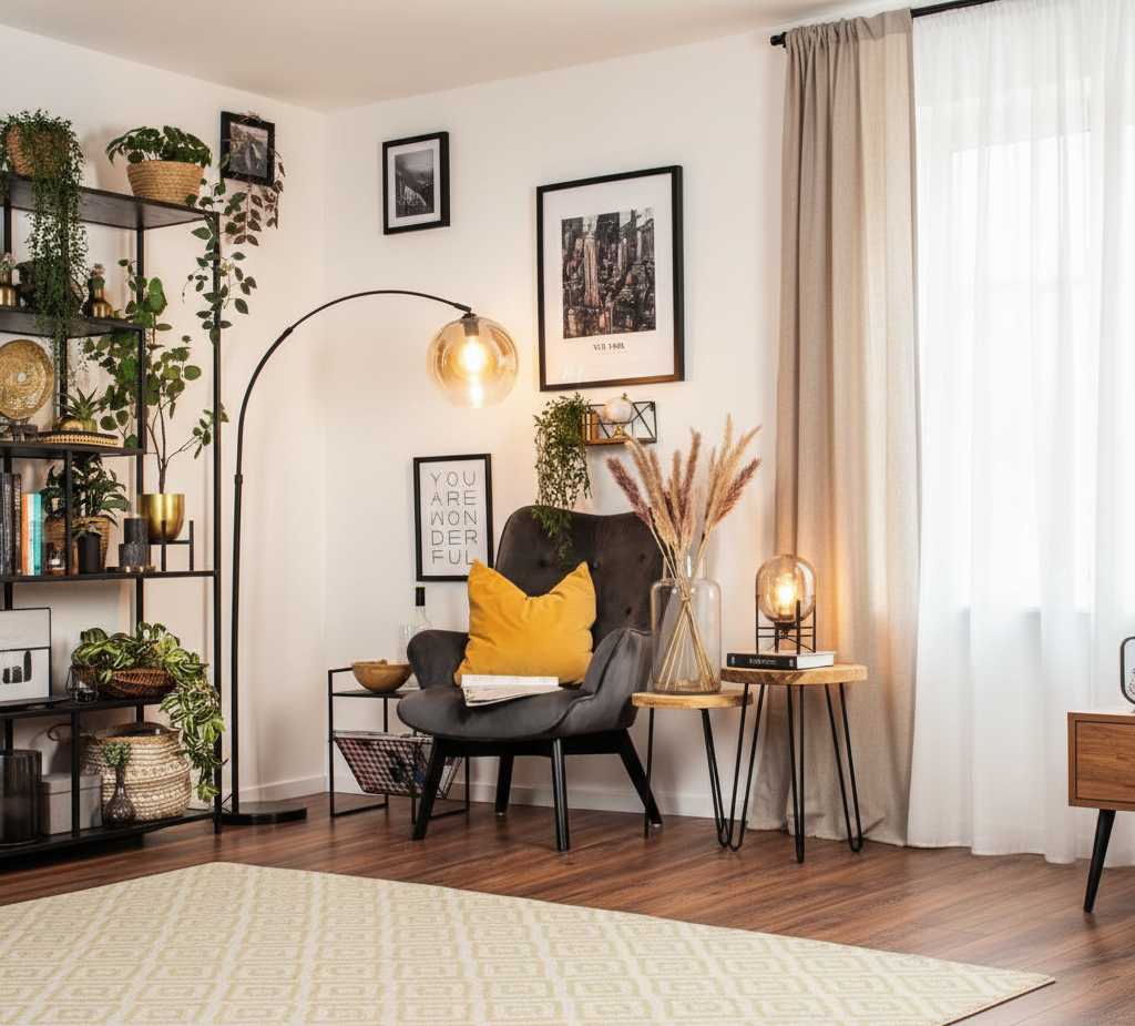 Leseecke mit Bogenleuchte mit goldenem Lampenschirm