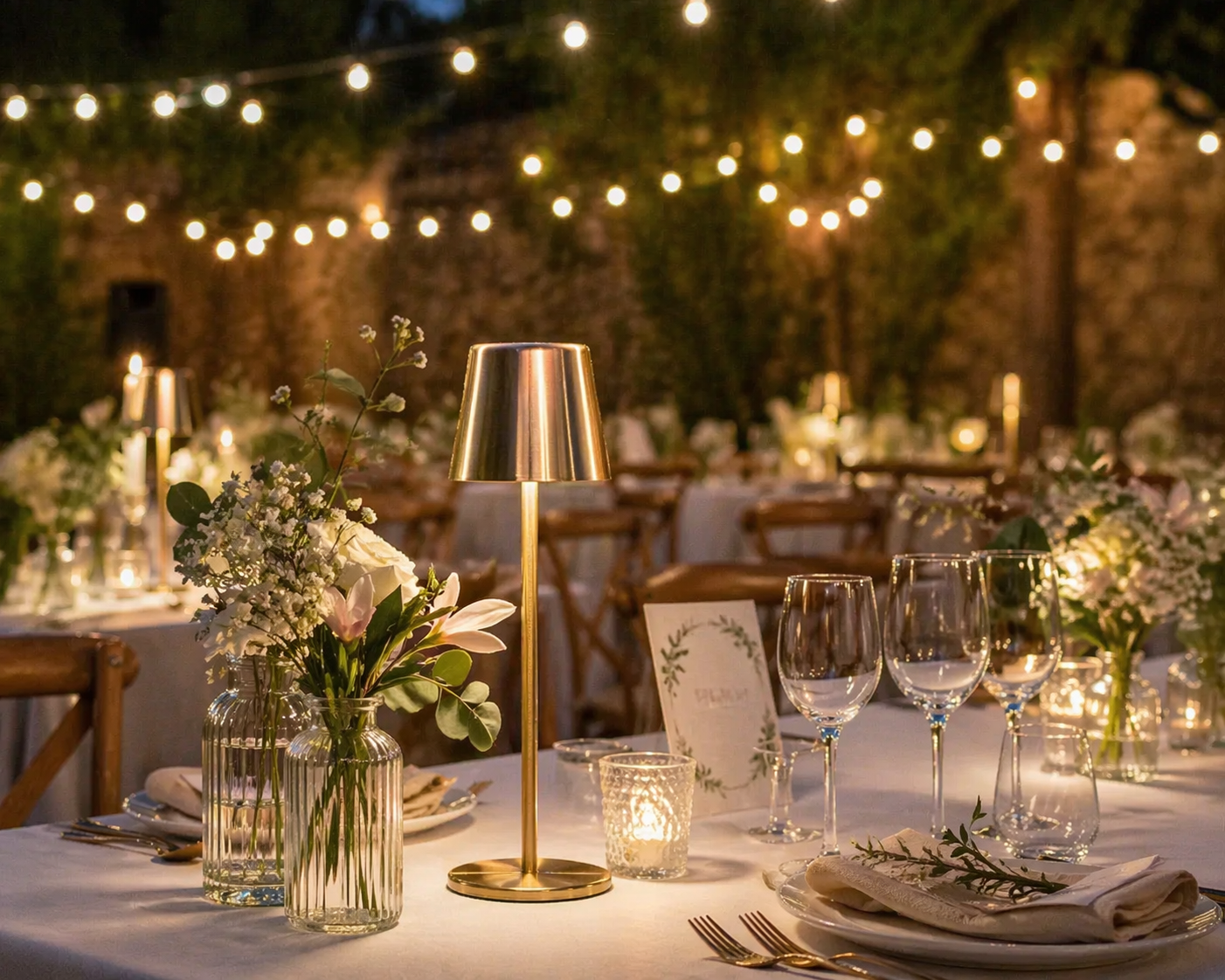 Akku-Leuchte als Gartenhochzeit-Deko