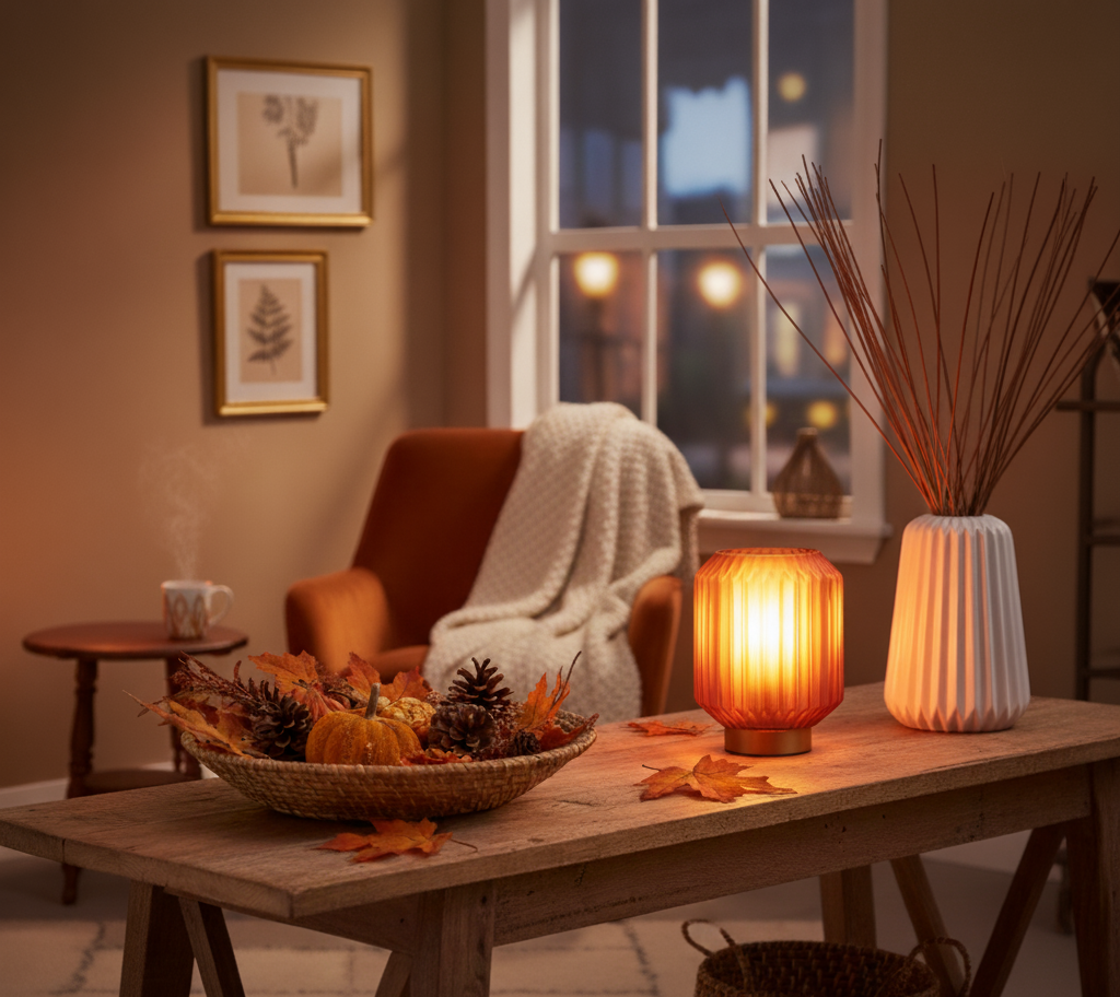 Orange-farbige Tischleuchte im herbstlich dekorierten Wohnzimmer