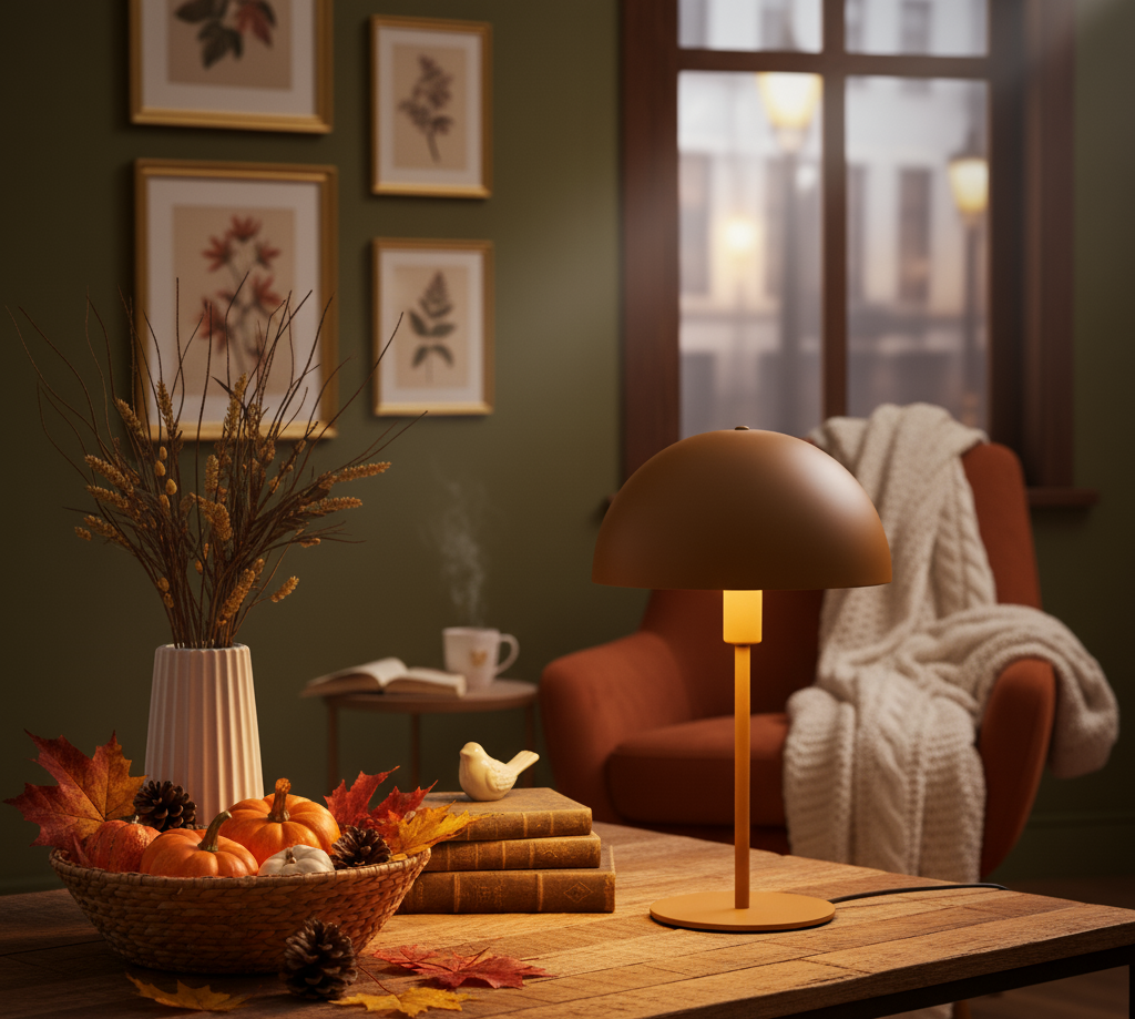 Pilzlampe im herbstlich dekorierten Wohnzimmer