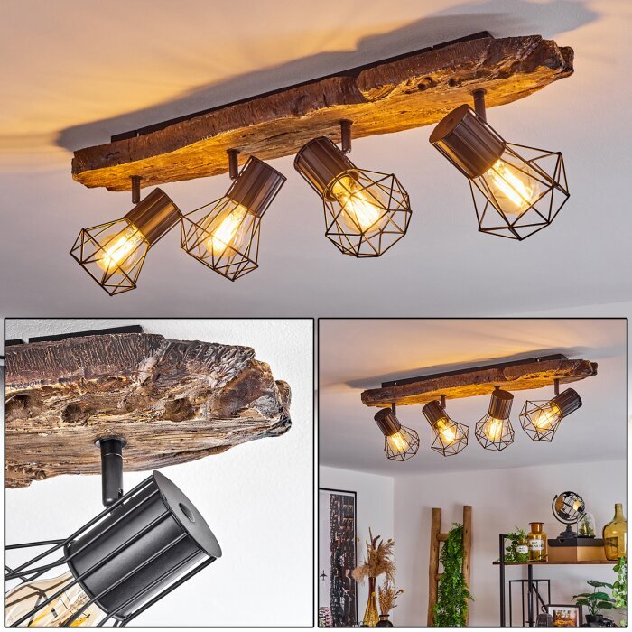 4-flammige Deckenlampe. Glühbirnen sind in einem Metallkäfig. Deckenhalterung ist aus einem Holzbalken