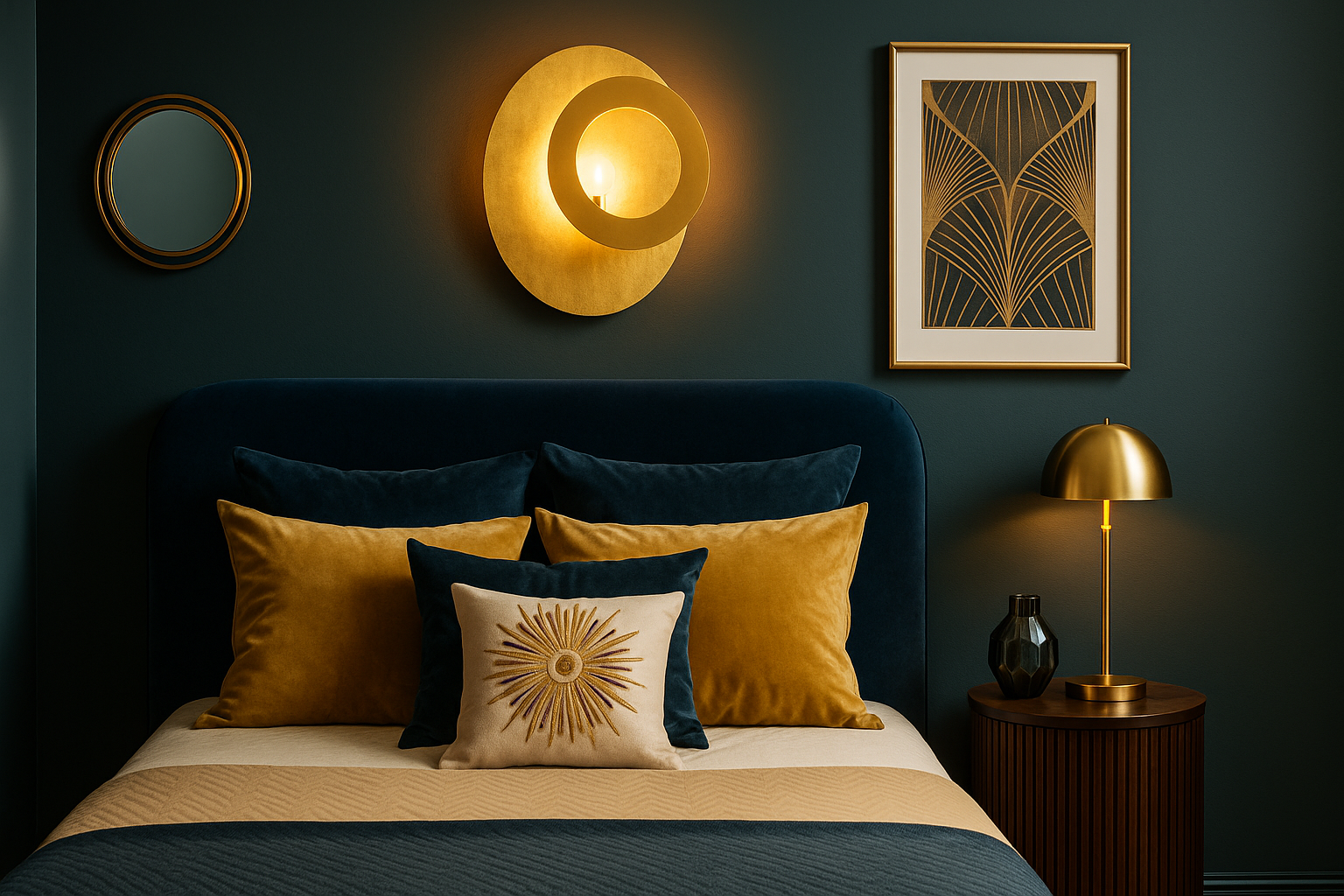Goldene Wandleuchte im Art déco Schlafzimmer