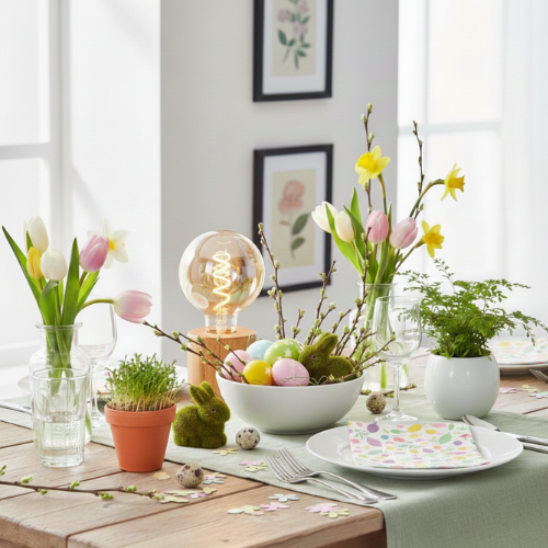 Holzleuchte als Tischdeko im Frühling