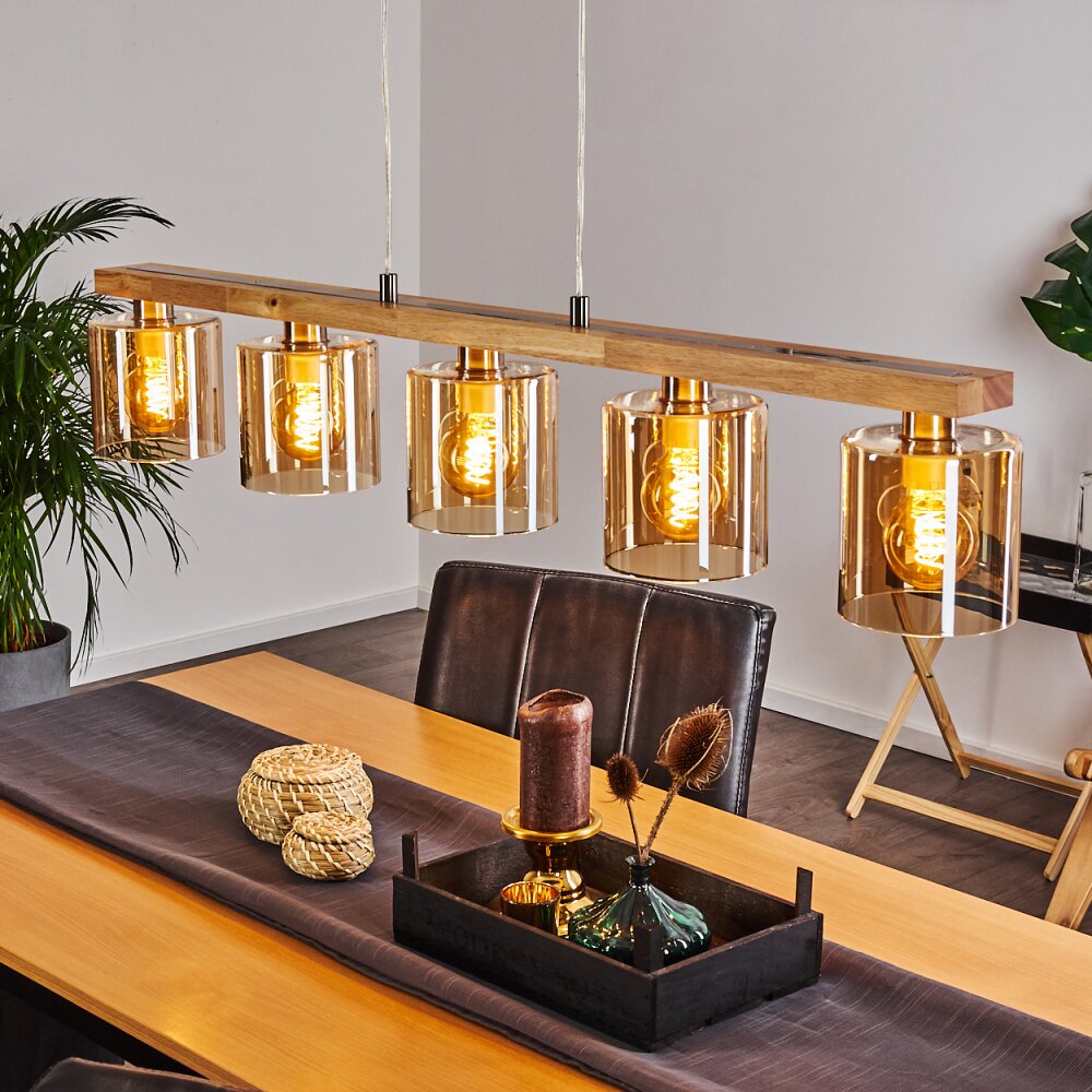 Saltaire Pendelleuchte Holz hell, Silber, 5-flammig main product photo