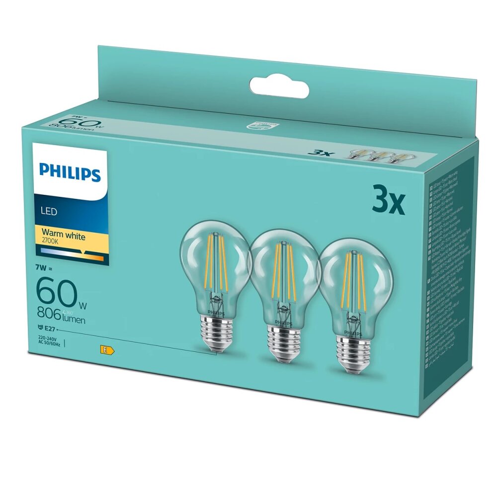 Philips 3er Set LED E27 7 Watt 2700 Kelvin 806 Lumen main product photo