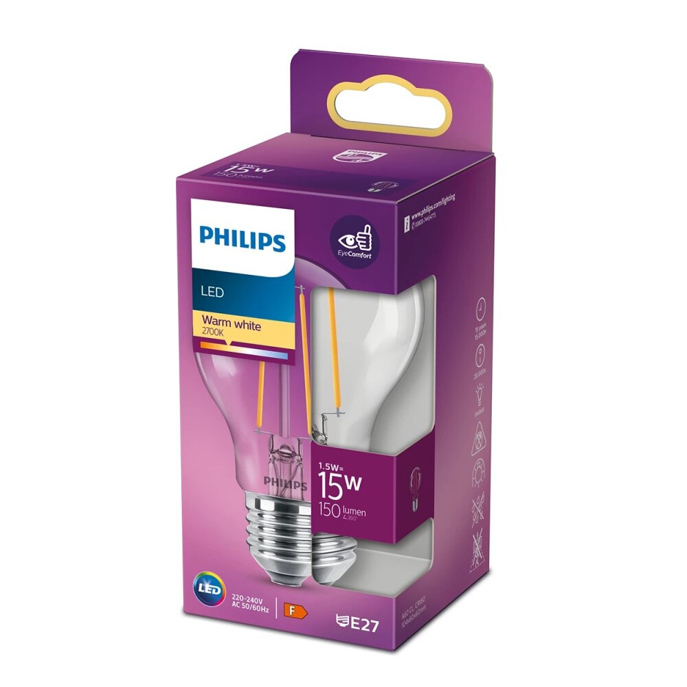 Philips LED E27 1,5 Watt 2700 Kelvin 150 Lumen Transparent, Klar, 1-flammig main product photo