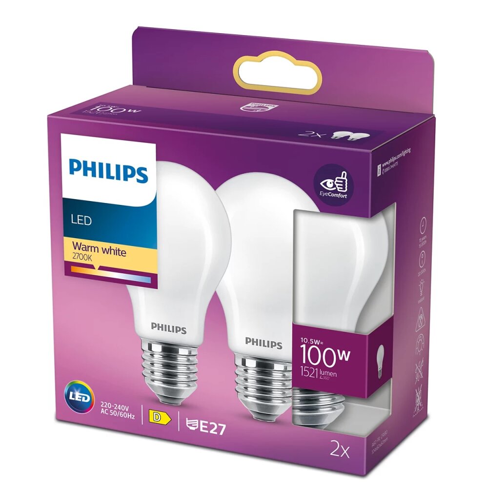 Philips 2er Set LED E27 10,5 Watt 2700 Kelvin 1521 Lumen main product photo