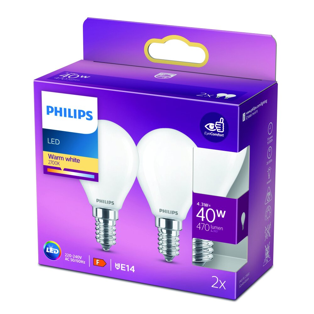 Philips 2er Set LED E14 4,3 Watt 2700 Kelvin 470 Lumen main product photo