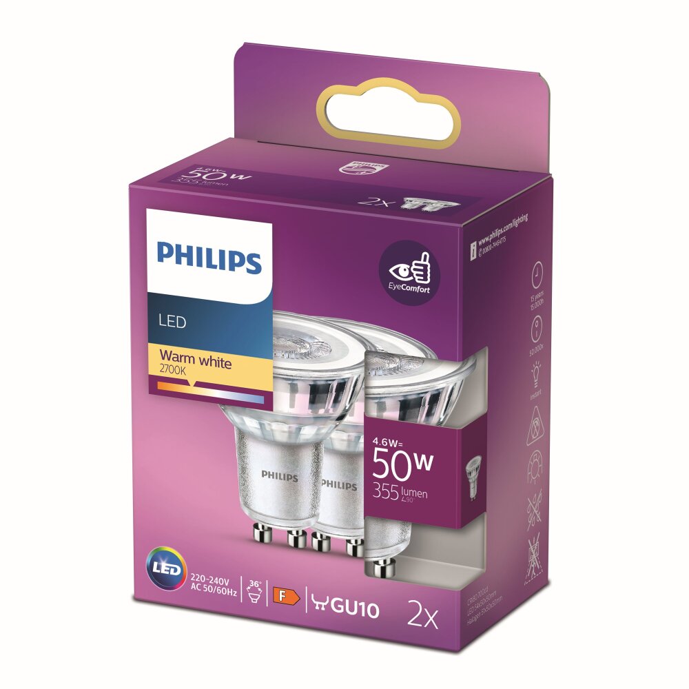 Philips 2er Set LED GU10 4,6 Watt 2700 Kelvin 355 Lumen main product photo