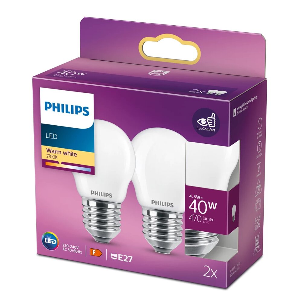 Philips 2er Set LED E27 4,3 Watt 2700 Kelvin 470 Lumen Weiß, 1-flammig main product photo