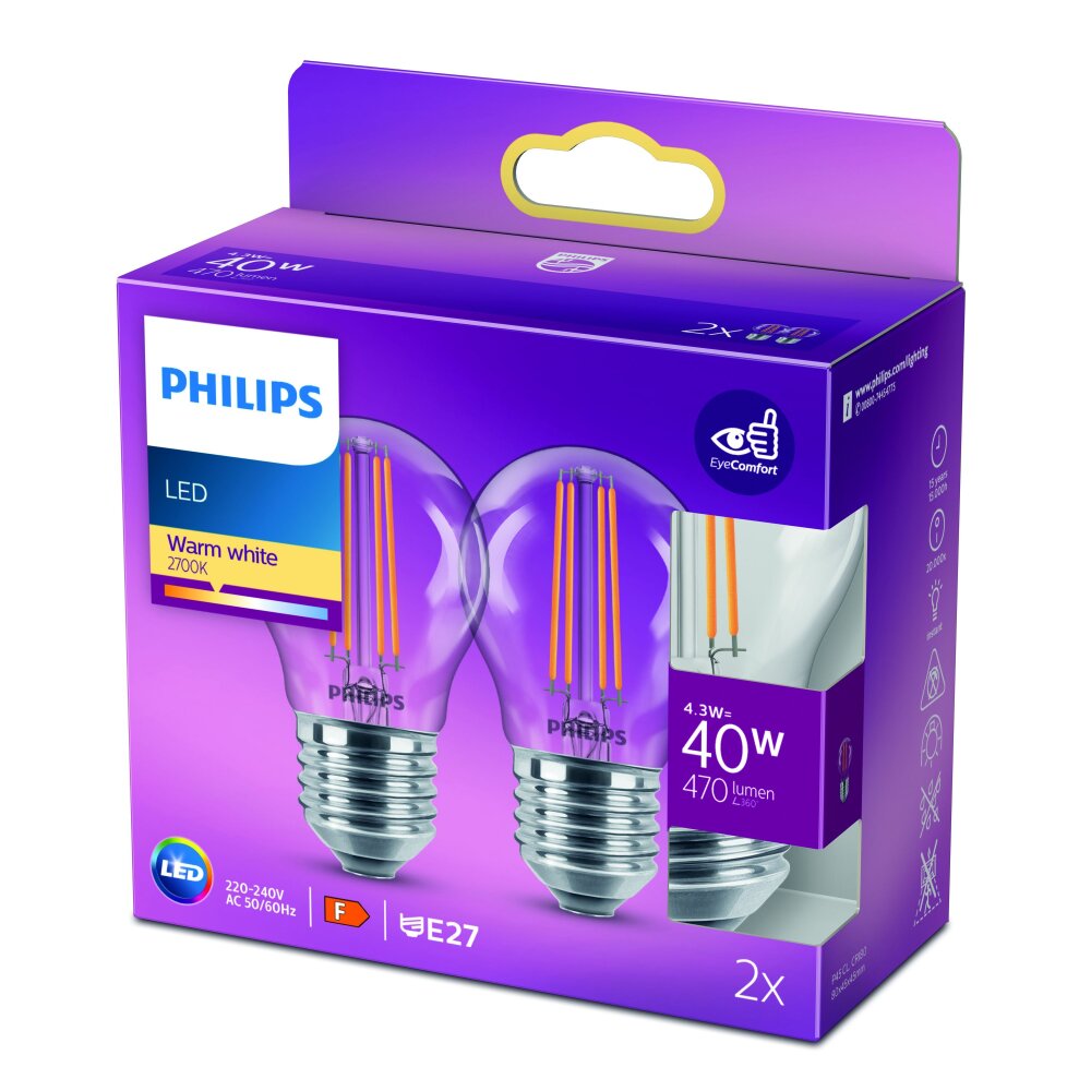 Philips 2er Set LED E27 4,3 Watt 2700 Kelvin 470 Lumen main product photo