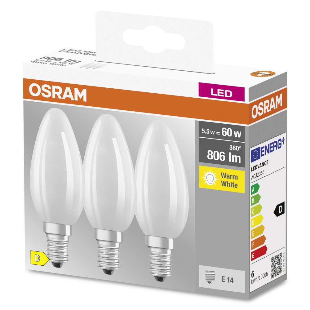 OSRAM CLASSIC B 3er Set LED E14 5,5 Watt 2700 Kelvin 806 Lumen main product photo