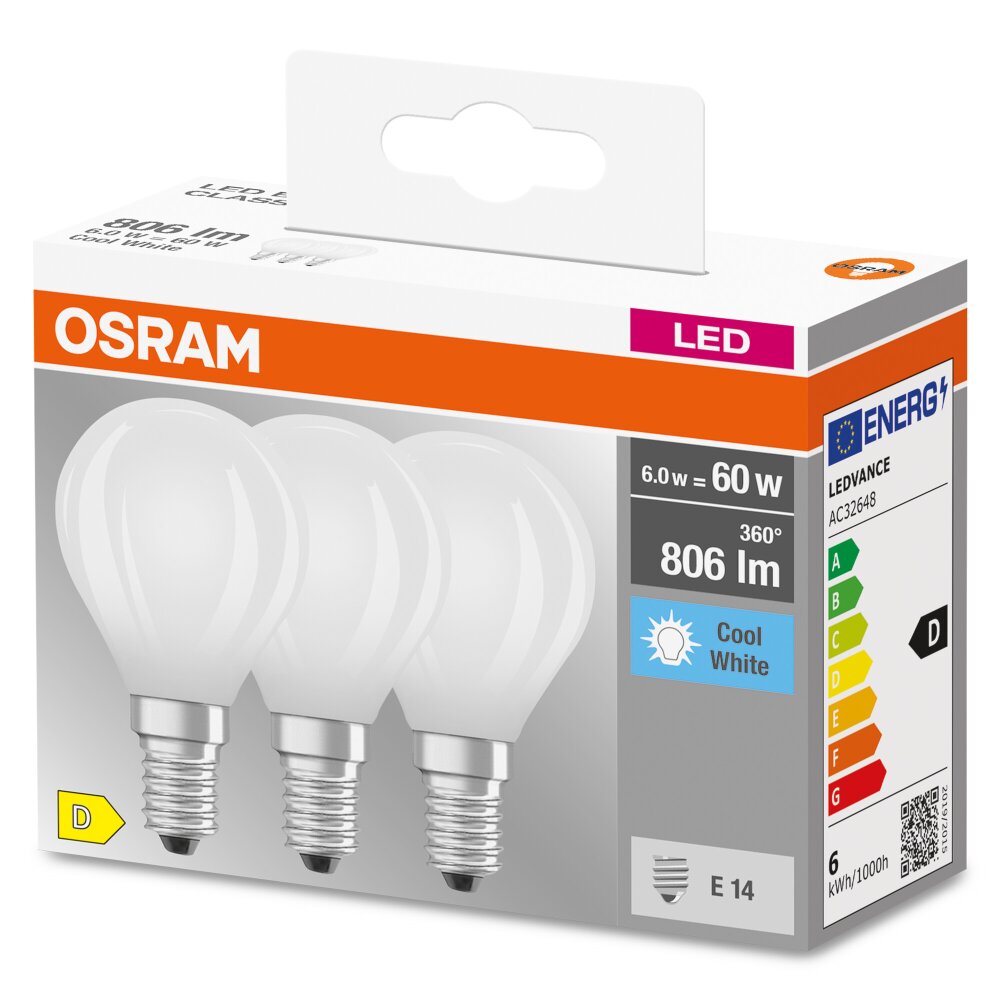 OSRAM CLASSIC P 3er Set LED E14 5,5 Watt 4000 Kelvin 806 Lumen main product photo