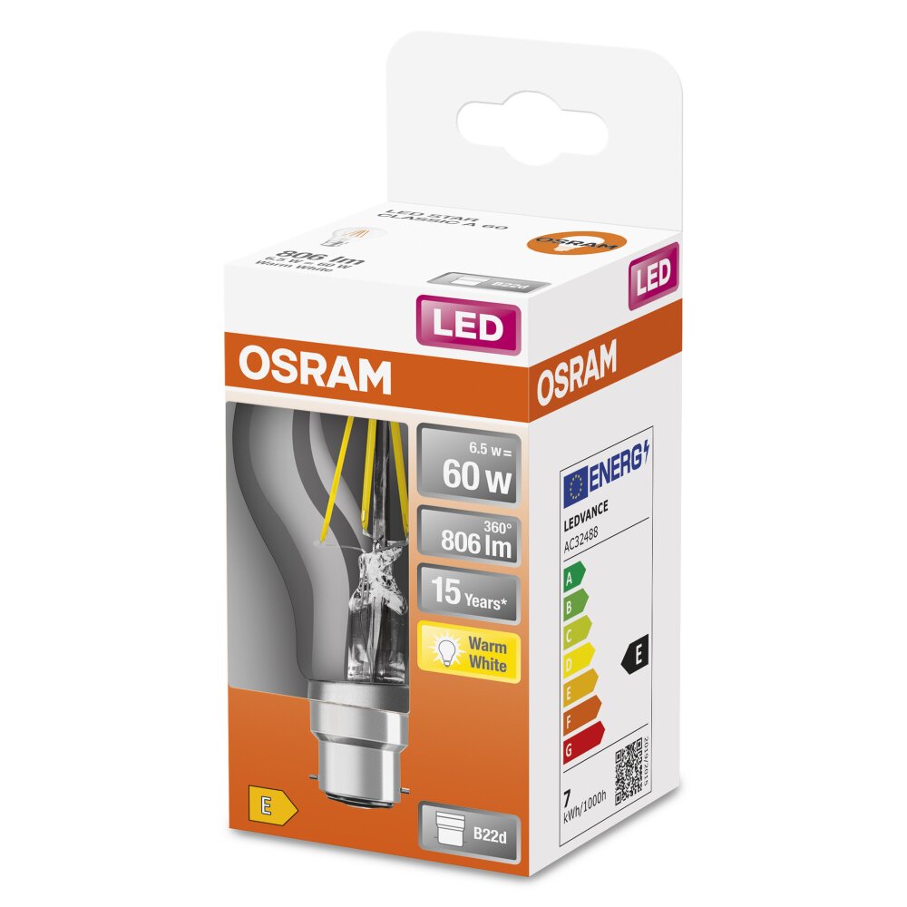 OSRAM CLASSIC A LED B22d 6,5 Watt 2700 Kelvin 806 Lumen main product photo