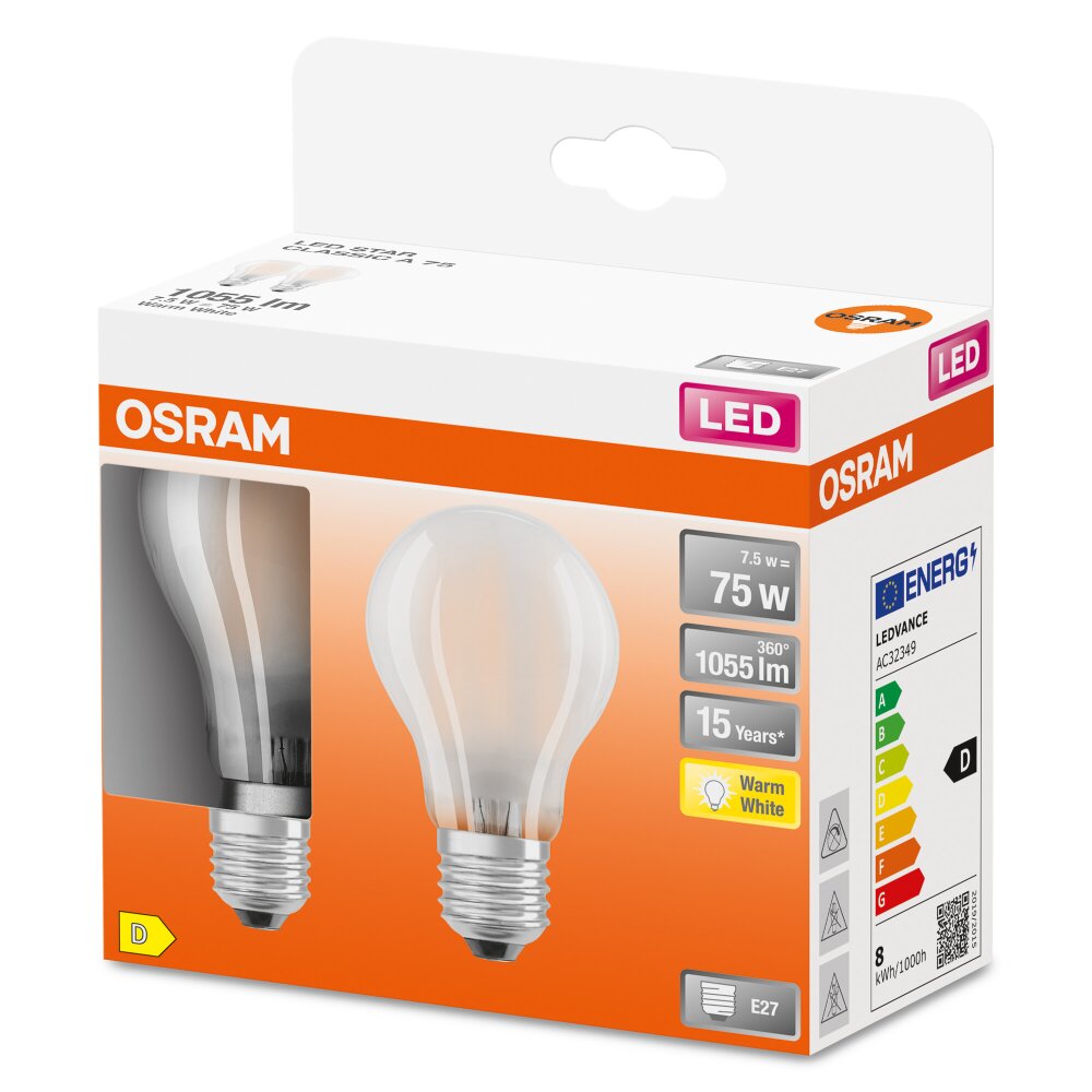 OSRAM LED Retrofit 2er Set E27 7,5 Watt 2700 Kelvin 1055 Lumen main product photo