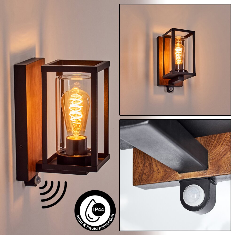 Portalis Aussenwandleuchte Braun, Holzoptik, Schwarz, 1-flammig, Bewegungsmelder main product photo