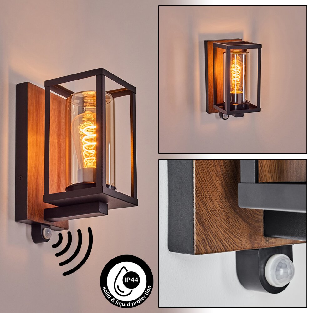 Portalis Aussenwandleuchte Braun, Holzoptik, Schwarz, 1-flammig, Bewegungsmelder main product photo