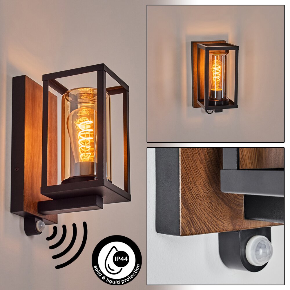 Portalis Aussenwandleuchte Braun, Holzoptik, Schwarz, 1-flammig, Bewegungsmelder main product photo