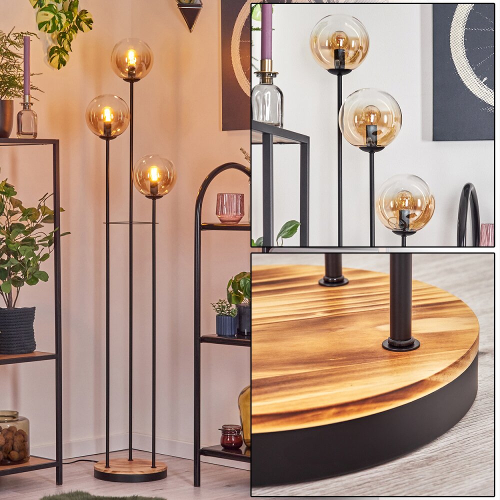 Gastor Stehleuchte Glas 15 cm Holz hell, Schwarz, 3-flammig main product photo