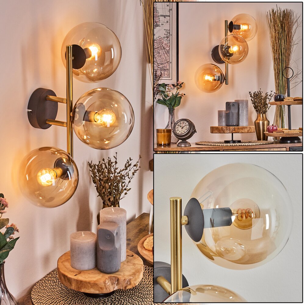 Gastor Wandleuchte Glas 15 cm Gold, Schwarz, 3-flammig main product photo
