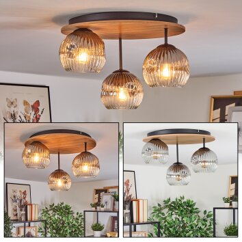 Ripoll Deckenleuchte Glas 15cm Braun, Holzoptik, Schwarz, 3-flammig