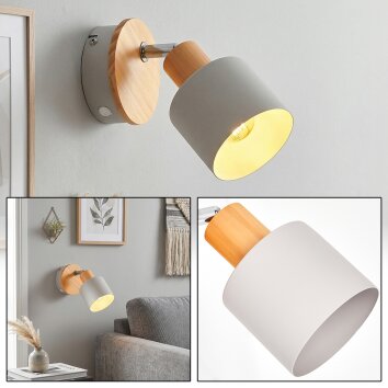 Olaris Wandlampe Holz mit grauem Metallschirm, verstellbare Wandleuchte