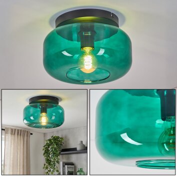 Deckenleuchte Boza mit rundem, bauchigem dunkelgrünem Glasschirm, ø 28 cm, E27