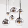 Koyoto Pendelleuchte 6-flammig mit Rauchglas-Kugeln ø 15/20 cm am Kiefernholzbalken