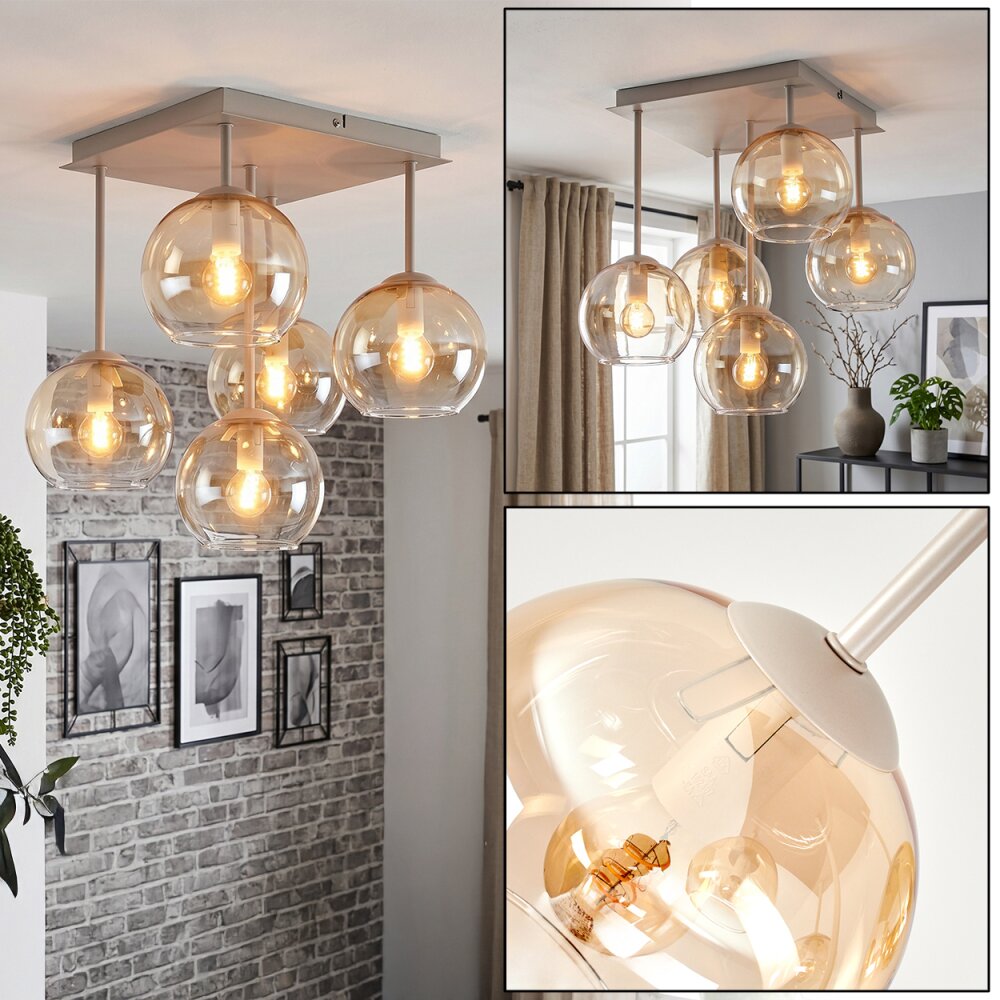 Koyoto 5-flammige Kugel-Deckenleuchte mit bernstein-klaren Glasschirmen E14 Weiß H9122302