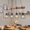 Gondo Holzstab Pendelleuchte 4-flammig mit Metallkäfig-Schirm, Länge 80 cm