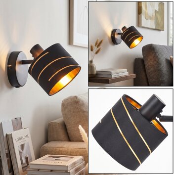 Alsen verstellbare Wandleuchte mit Stoffschirm, gold-schwarze Schlitzoptik