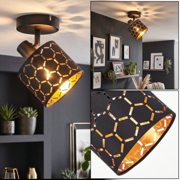 Moderne Deckenspot Alsen mit Schlitzmuster am gold-schwarzen Metallschirm, verstellbar, ø 12 cm