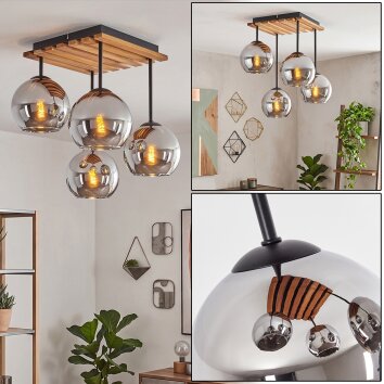 Naturfarbene Boho-Kugel-Deckenleuchte Koyoto mit 4 Rauchglas-Schirmen ø 15 cm