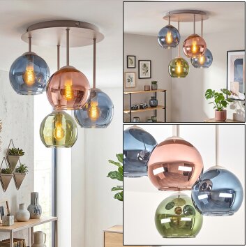Kugelleuchte Koyoto mit 4 bunten Glasschirmen in Blau, Grün und Kupferfarben, ø 15 cm