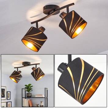 Alsen Deckenspot 2-flammig, verstellbare Leuchtenköpfe, Stoffschirm in Gold-Schwarz