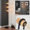 Moderne Stehlampe Voril mit drei naturfarbenen Holzfassungen und Metallbügeln