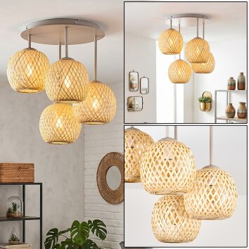 Boho-Style Kugelleuchte Basto mit 4 naturfarbenen Bambusschirmen im Rautengeflecht, E14