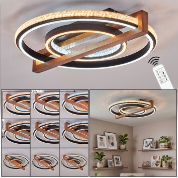 LED Deckenleuchte Selani mit naturfarbener Holzstrebe, Leuchtringen, 2700–6500 Kelvin