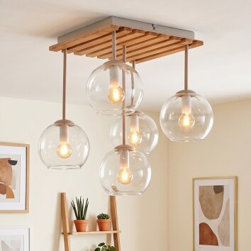 Koyoto Deckenleuchte 5-flammig mit klaren Glasschirmen Ø 15 cm, Holzlamellen