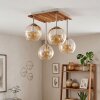 Naturfarbene Holz-Kugelleuchte Koyoto mit 4 bernsteinfarbenen Riffelglasschirmen ø 15 cm