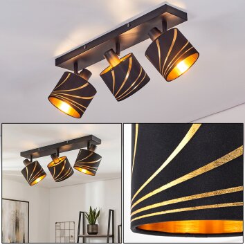 Moderne Deckenspot Alsen mit 3 schwarz-goldenen Stoffschirmen, dreh- und schwenkbar