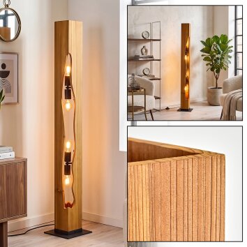 Naturfarbene Boho-Holz-Stele-Stehleuchte Sernadelo mit wellenförmigem Ausschnitt