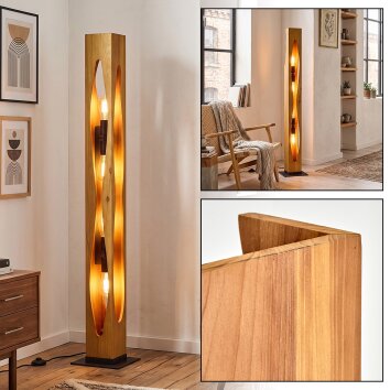 Holz-Stehleuchte Sernadelo mit geschwungenen Holzdetails, 4 E27-Fassungen