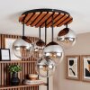 Boho-Cluster-Deckenleuchte Gastor mit Holzlamellenplatte und 5 klaren Glasschirmen