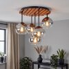 Naturfarbene Boho-Cluster-Deckenleuchte Koyoto mit Holzlamellenplatte und 5 klaren Glaskugeln