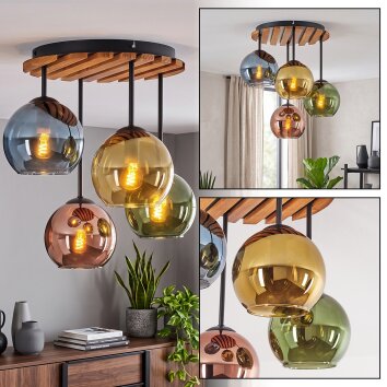 Runde Boho-Cluster-Deckenleuchte Koyoto mit 4 bunten Glasschirmen, E14