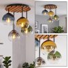 Naturfarbene Boho Kugel-Deckenleuchte Koyoto mit Holzlamellen-Abdeckung und 4 Glasschirmen