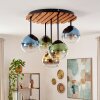 Boho Style Kugel-Deckenleuchte Koyoto mit runder Holzlamellenplatte und 5 Glasschirmen