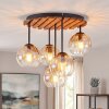 Boho-Deckenleuchte Koyoto mit Holzlamellen-Abdeckung, 5 Glasschirmen in Klar, Bernstein