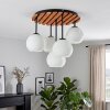 Cluster-Deckenleuchte Ripoll mit 5 weißen Glasschirmen an Holzlamellenplatte im Boho Style